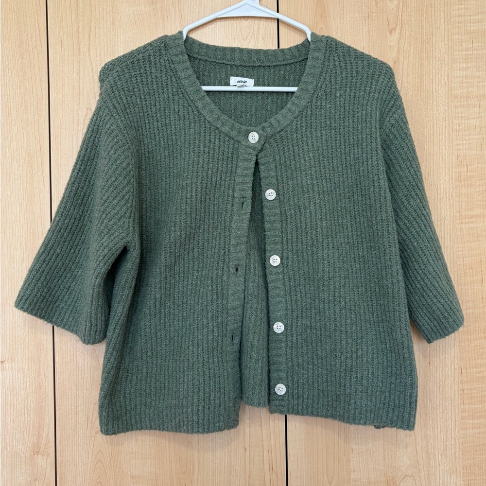 AERIE sage Green Ribbed Button-Front Cardigan